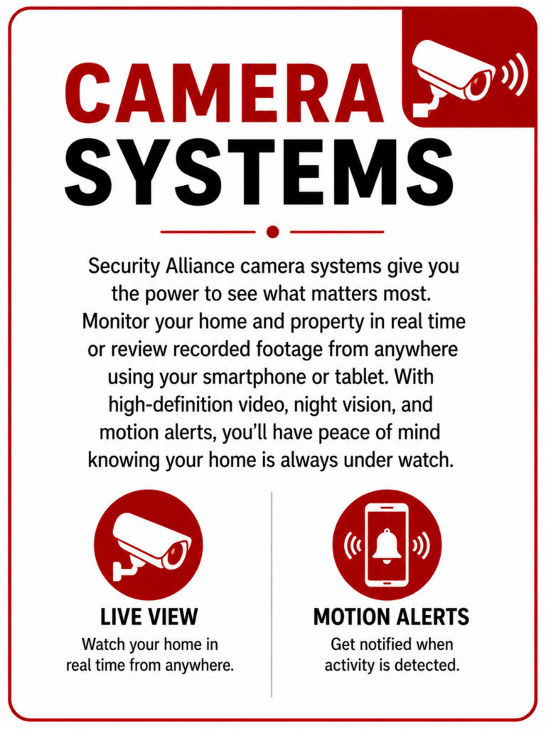 See what's happening around your home anytime, from anywhere. Security Alliance camera systems provide crystal-clear video, motion detection, remote viewing, and recorded footage, giving you the confidence of knowing your property is always under watch.